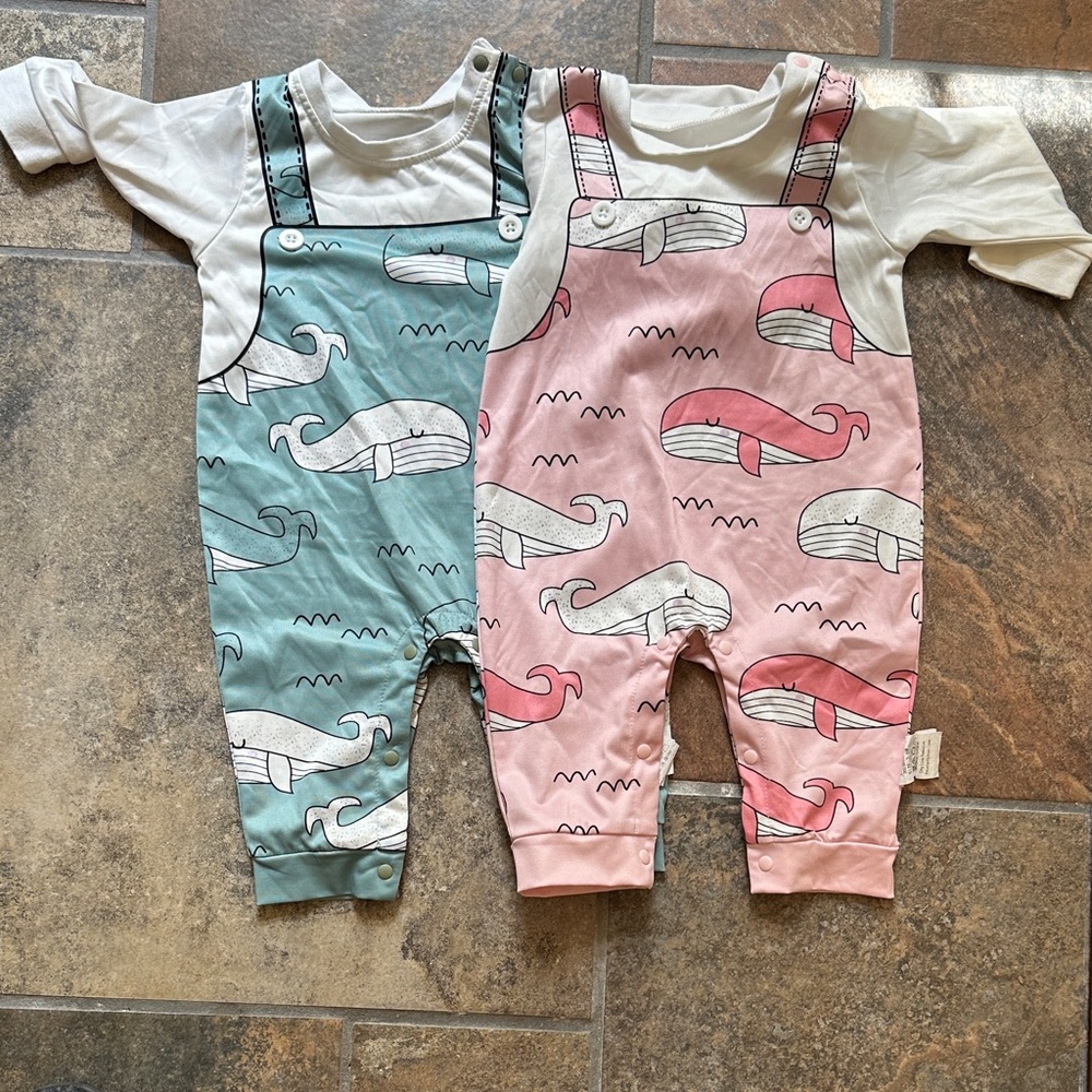 Whale Print Baby Overalls boy/girl twin set - size 3-6 months